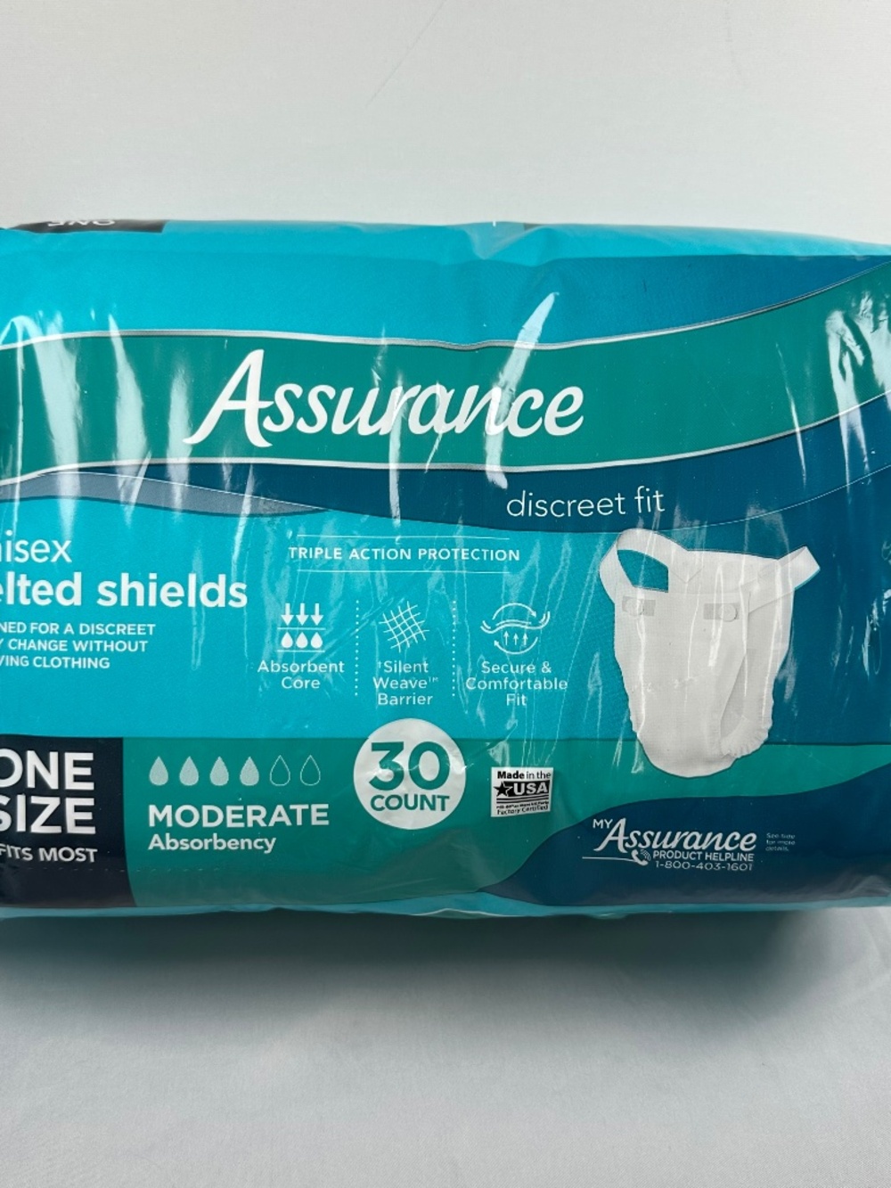 Assurance Discreet Fit Unisex Belted Shields, Moderate Absorption, 30 Count